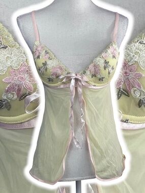 Floral Embroidered Mesh Chemise S Yellow Pink Ribbon Open Front Closure Bra Top